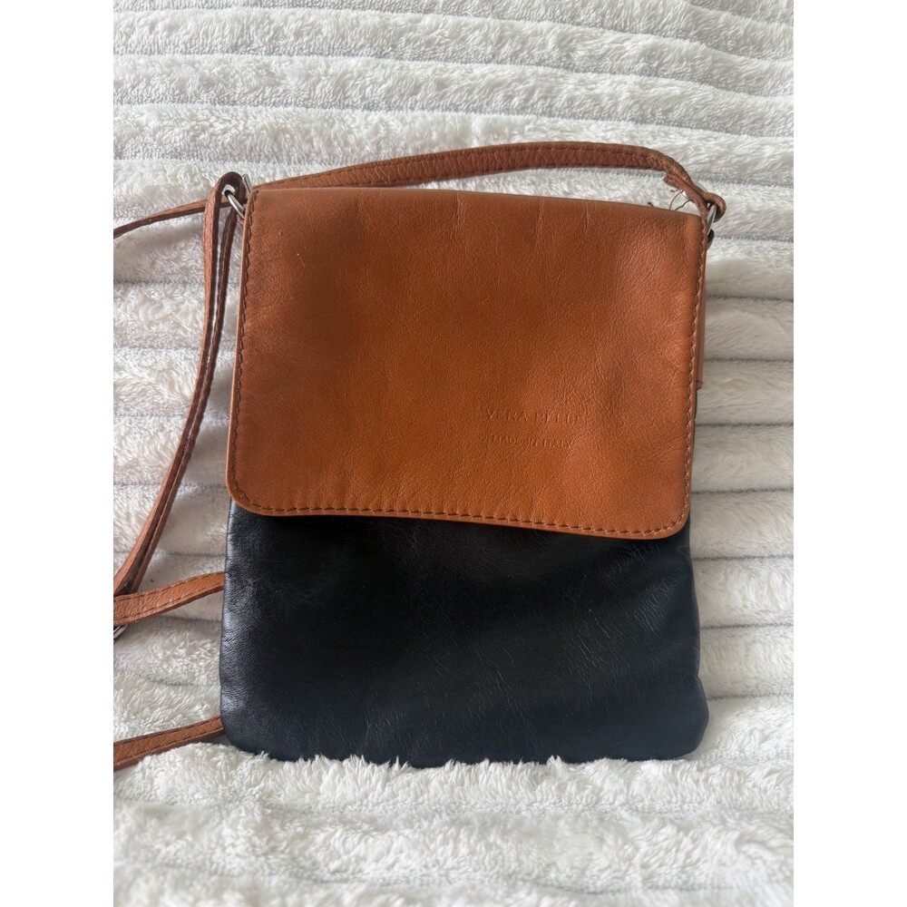 Vera Pelle Made In Italy Two-Tone Tan and Black Leather Crossbody